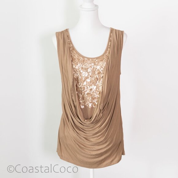 New York & Co Waterfall Neckline Tan Sleeveless Top XL Sequins Cowl Draped Y2K - Picture 1 of 10